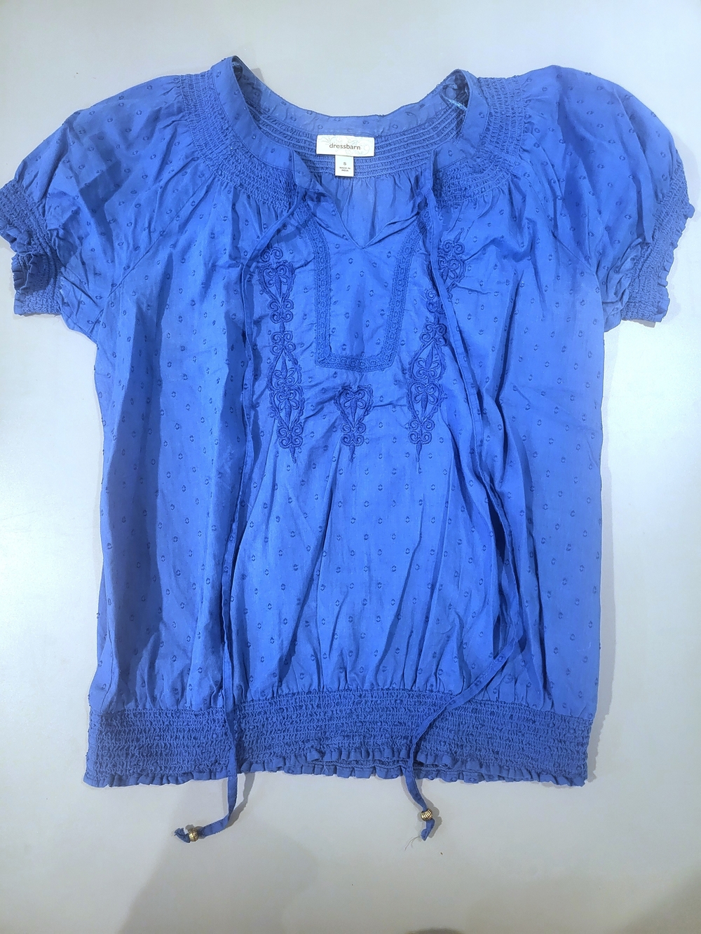 Dress Barn Periwinkle Blue Embroidered Peasant Blouse